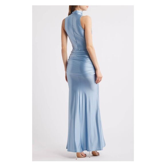 Delfi Collective Roya saphire blue Ruched Twisted  Satin Maxi Dress - Picture 5 of 14